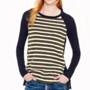 J CREW Women’s Navy Green Side Button Wool Blend Striped Sweater Elbow Patch XS